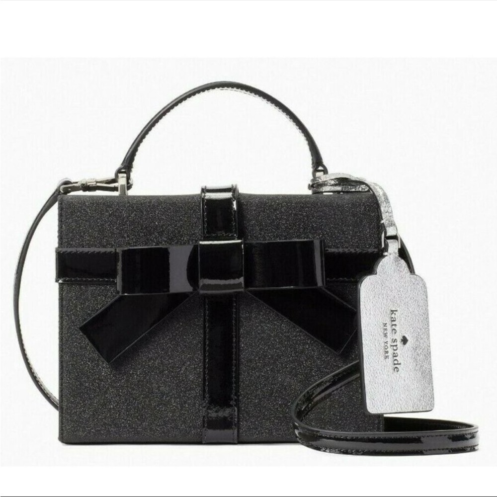 NWT Original KATE SPADE Wrapping Party Gift Box Top Handle Bag Glitter Black Bow